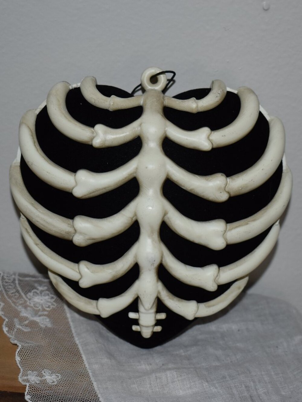 Skeleton Rib Cage Black Velvet Heart Hanging Ornament Gothic Halloween Decor